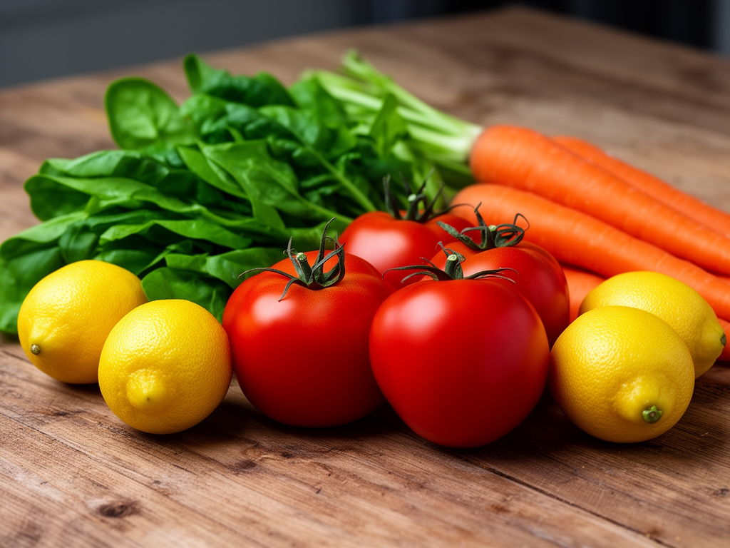 Kolorowe warzywa i owoce ułożone na drewnianym stole: zielone liście, czerwone pomidory, żółte cytryny, pomarańczowe marchewki, bez ludzi