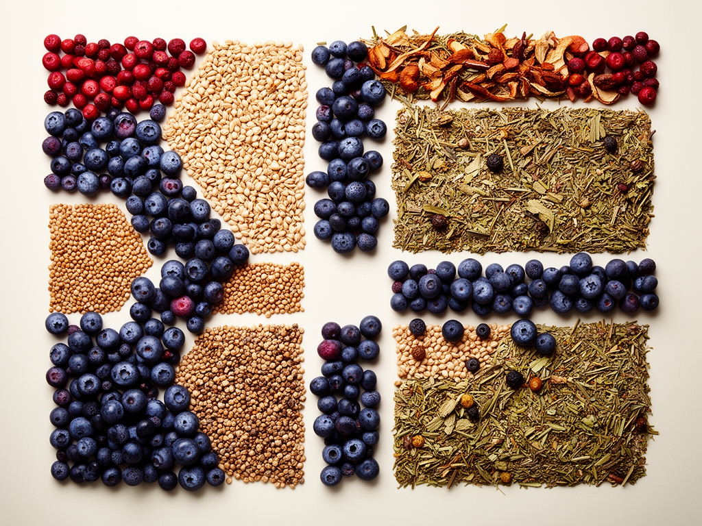 Różnorodne jagody, ziarna i suszone zioła ułożone w geometryczne wzory na jasnym tle, widok z góry