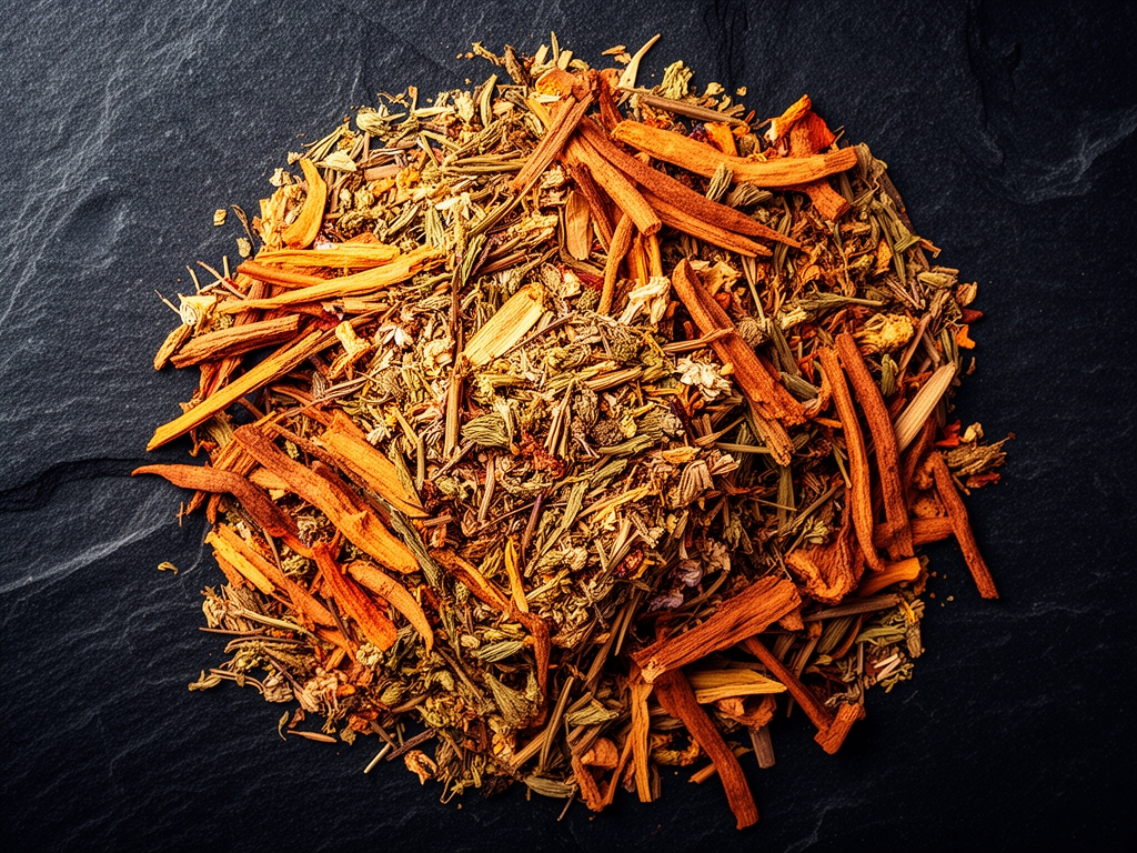 Rozłożone suszone zioła i korzenie na ciemnym kamiennym tle, widok z góry, naturalne składniki roślinne w ciepłych tonacjach