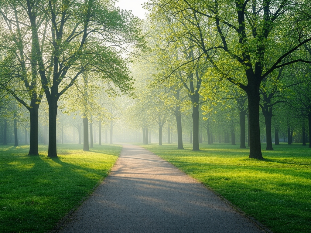Ścieżka w parku wczesnym rankiem, jasne rozproszone światło między drzewami, spokojna zielona przestrzeń, bez osób