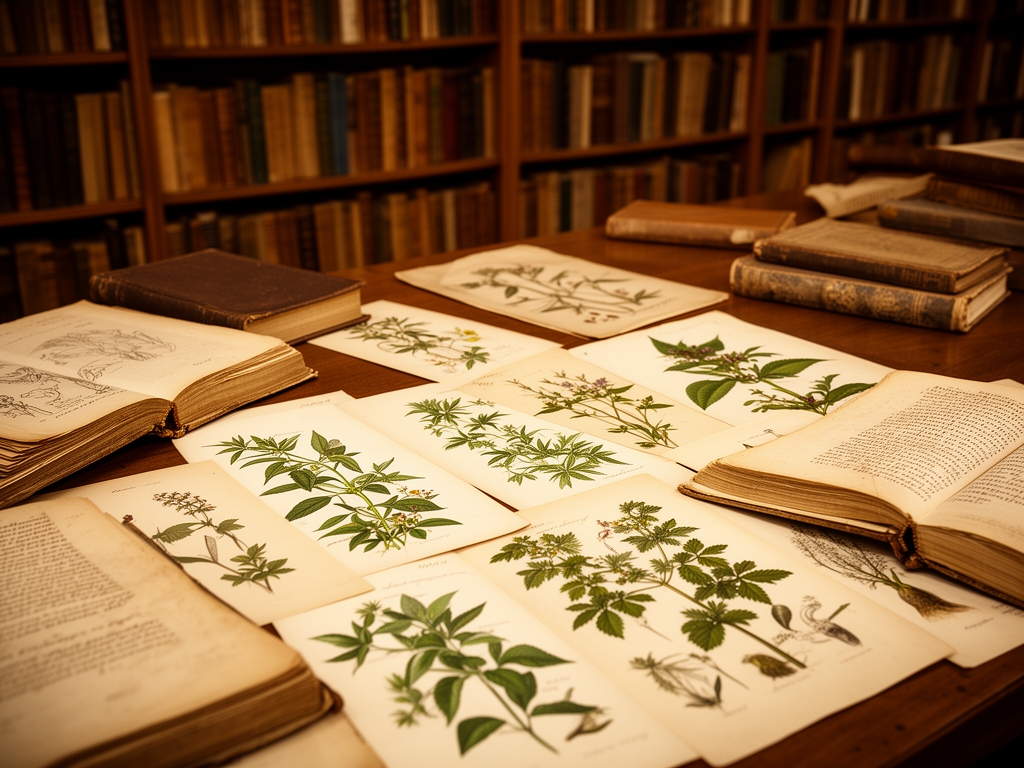 Stare botaniczne ryciny i ilustracje roślin leczniczych rozłożone na stole w bibliotece, ciepłe oświetlenie, historyczne manuskrypty