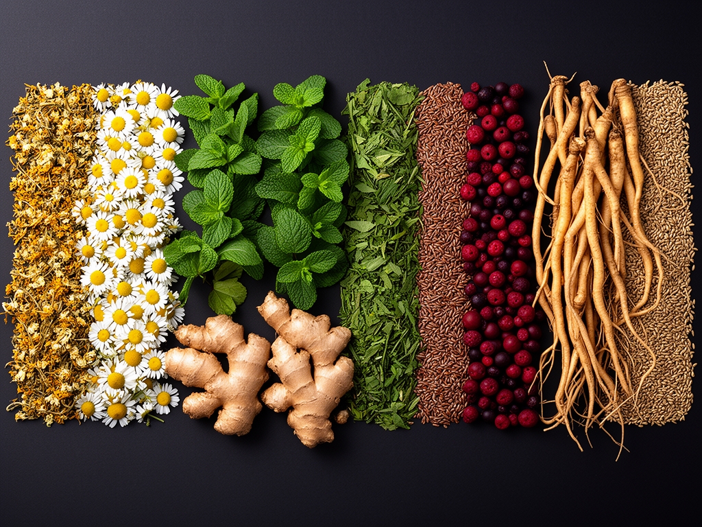 Panoramiczne zdjęcie różnorodnych botanicznych składników: suszonych kwiatów rumianku, liści mięty, korzeni imbiru, jagód i nasion ułożonych w rzędach na ciemnym tle, widok z góry